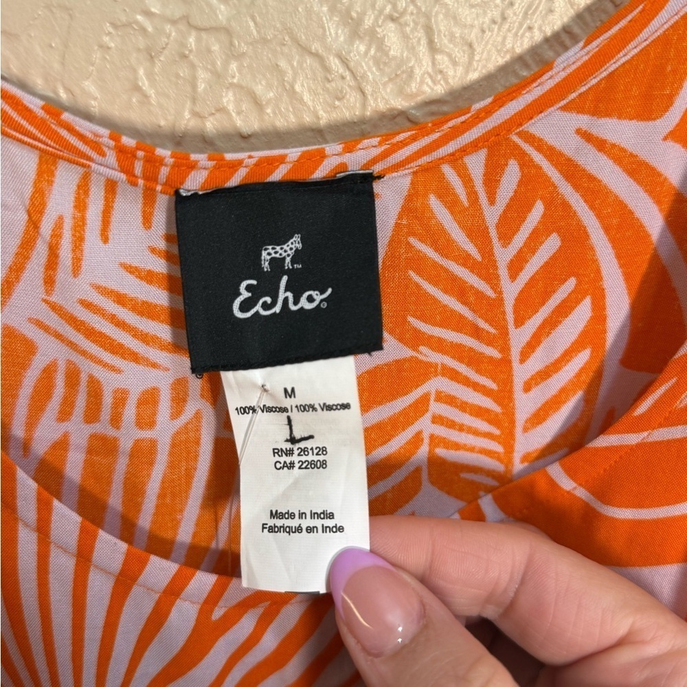 Echo Orange and White Floral Hawaiian Print Flowy Sun Dress Size Medium NWT - Picture 4 of 7